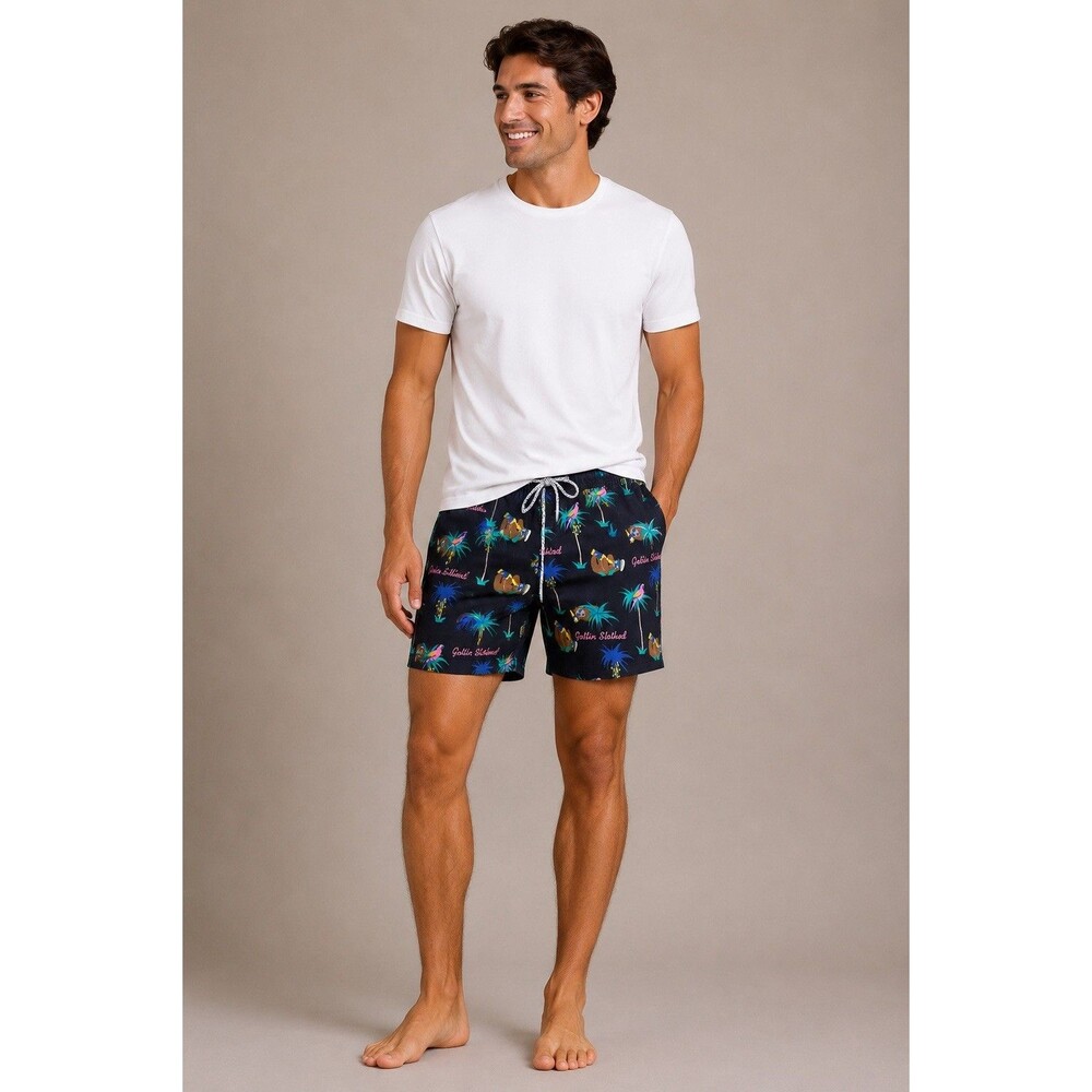 Party Pants Swim Trunk Men Sz M Black Getting Slothed Print Drawstring Waist EUC